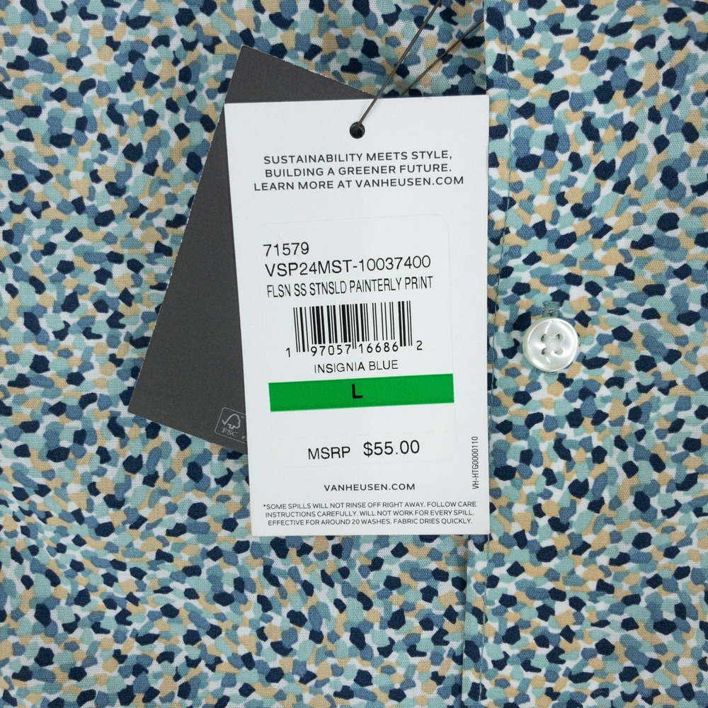 Van Heusen Button Up Mens Large Blue Stain Shield Slim Fit Short Sleeve Shirt - Picture 11 of 13